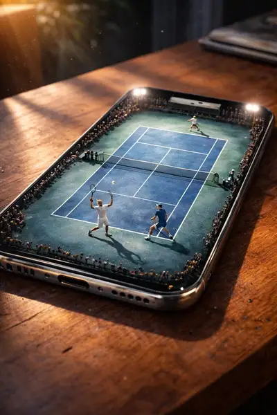 Cancha de tenis en miniatura dentro de la pantalla de un smartphone