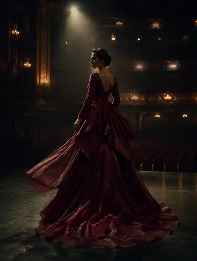Burgundy gown fashion photo on a historic opera house stage