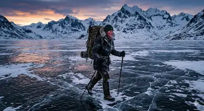 Cinematic Trekking Scene on Frozen Lake