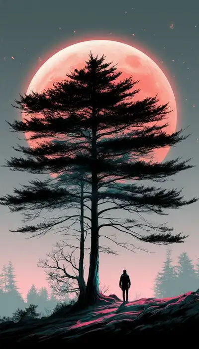 Cinematic Fantasy Landscape with Ancient Pine and Glowing Moon