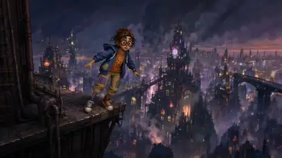 Verspielte Steampunk-Dachszene mit neugierigem Kind