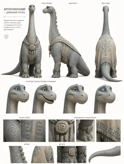 Pixar-style Argentinosaurus Titan Character Sheet