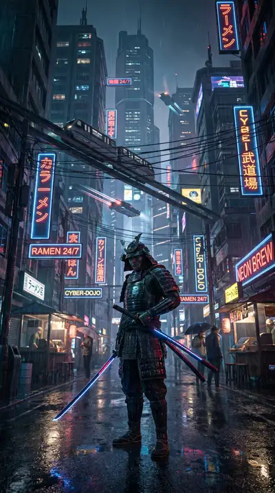 Neon Samurai Cyberpunk Street Scene