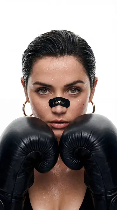 Cinematic boxer close-up portrait with Cartier branding