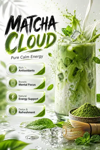 Póster publicitario premium de bebida matcha tipo nube
