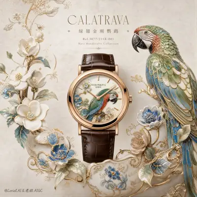 Patek Philippe Calatrava watch poster with porcelain macaw theme