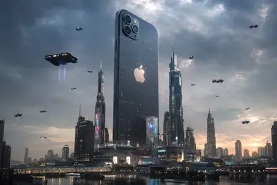 Futuristic city with a giant iPhone skyscraper