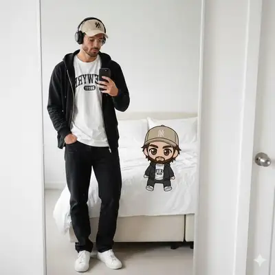 Minimalist Mirror Selfie with Chibi Companion