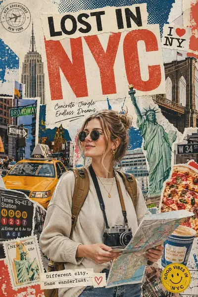 あらゆる国に使えるスタイリッシュな旅行コラージュポスターテンプレート