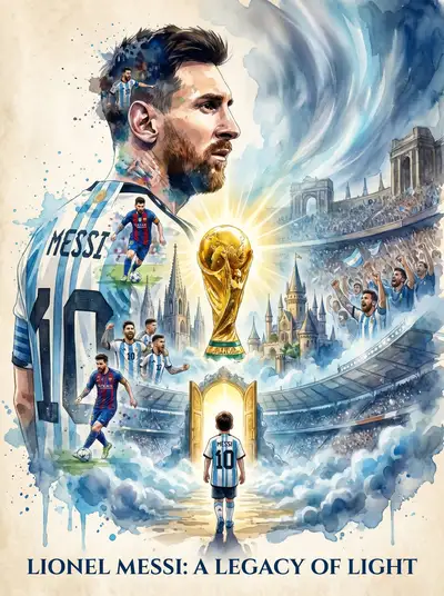 Messi legacy watercolor cinematic movie poster prompt
