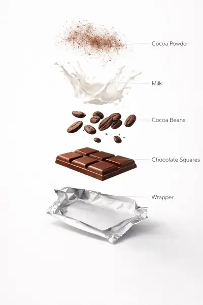 Chocolate bar spin transition into an exploded ingredient infographic