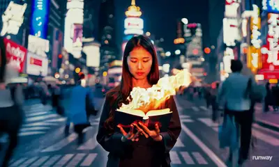 Cinematic Timelapse: Woman Reading Flaming Book in Tokyo
