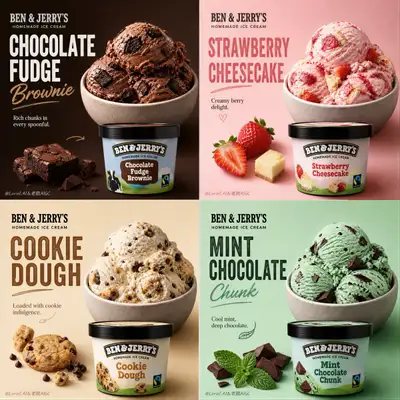 Prompt d'affiche de glace Ben & Jerry's à quatre saveurs