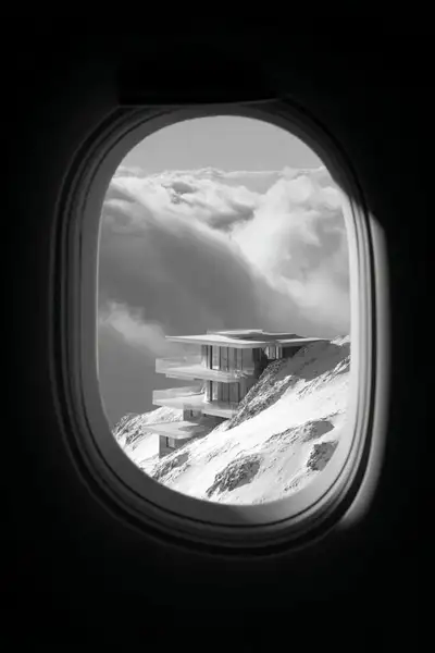 Black-and-white airplane window shot of a mountaintop house