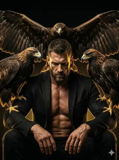 Powerful Man with Golden Eagles Cinematic Portrait