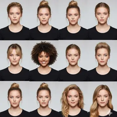 3x3 grid of the same model in different hairstyles