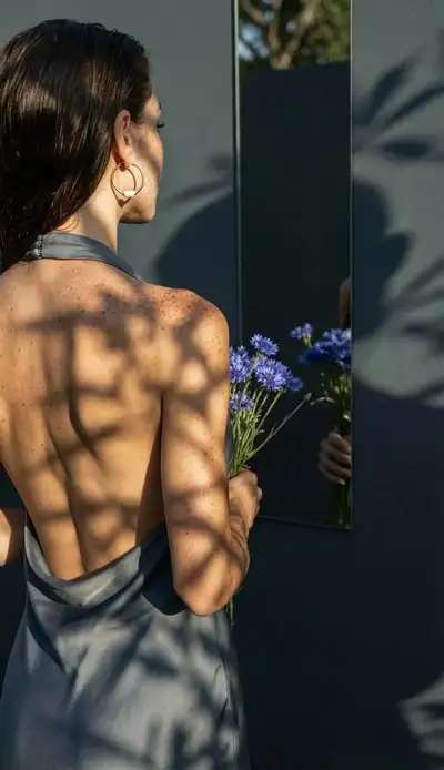 Intimate back-view portrait with silk dress and leaf-shadow lighting