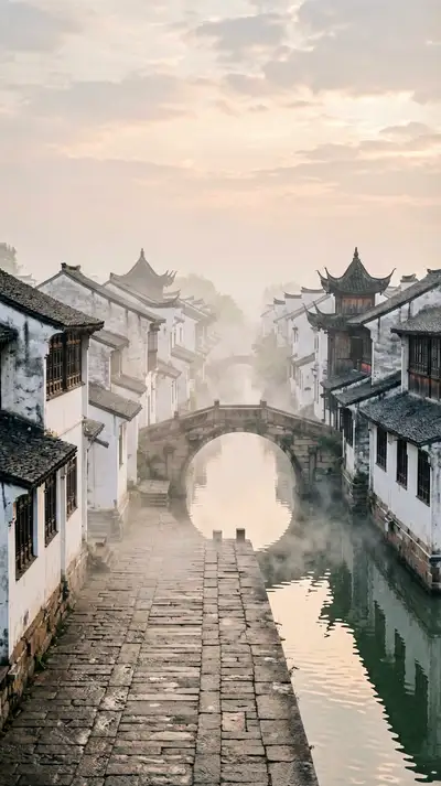 Misty dawn photo of Xitang ancient water town