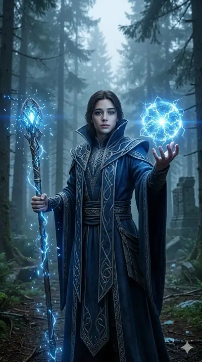 Fantasy Sorcerer in Misty Pine Forest