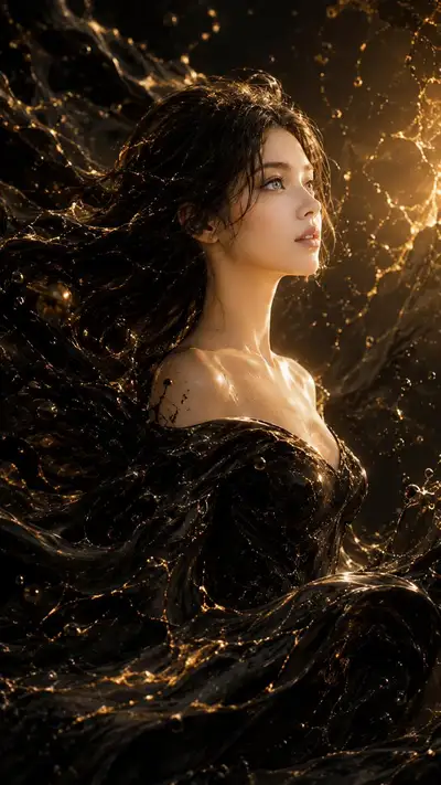 Portrait de fantasy sombre émergeant d'un océan liquide doré