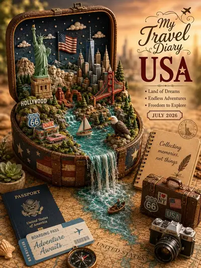 Miniatur-Reise-Diorama in einem geöffneten Naturbehälter