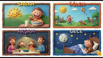 Claymation four-panel day-cycle education illustration