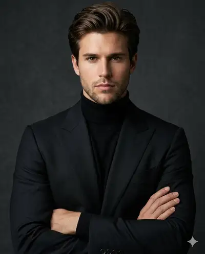 Retrato editorial de lujo con identidad facial preservada, estilo Tom Ford