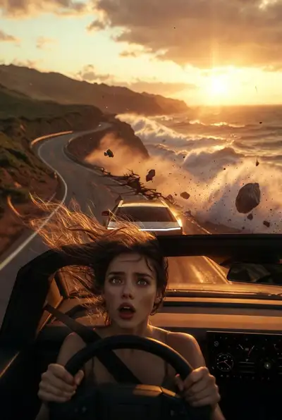 Apocalyptic Coastal Drive Cinematic Prompt