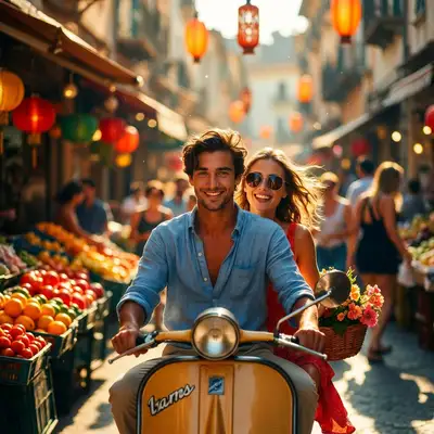 Filmisches Paar auf einem Roller zur goldenen Stunde durch einen Markt