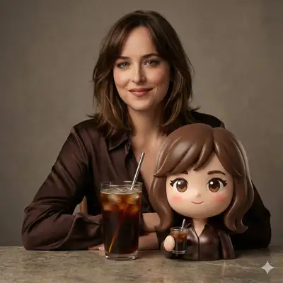 Filmisches Café-Porträt neben einer sammelbaren Chibi-Figur
