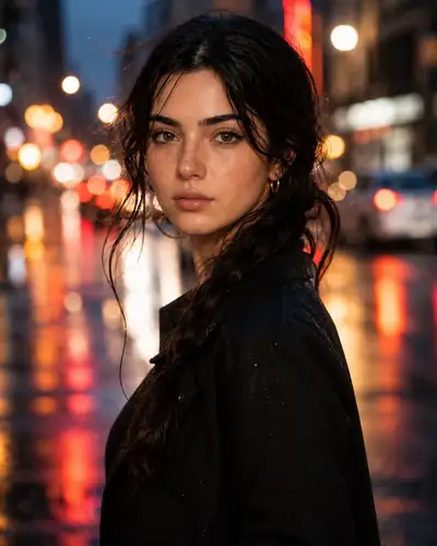 Retrato em rua urbana chuvosa com neons, close cinematográfico