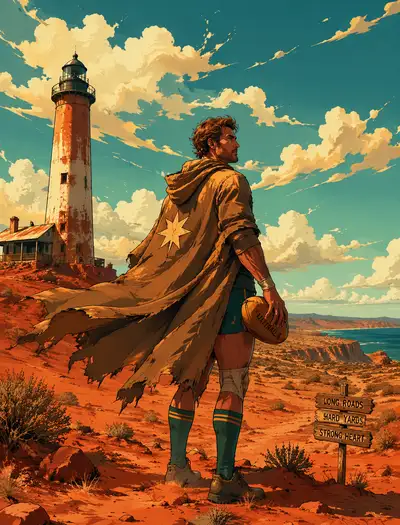 Cartoon Australian striker beside a desert lighthouse