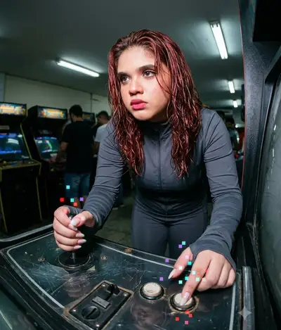 90年代のアーケード機に夢中な女性の魚眼レンズ写真