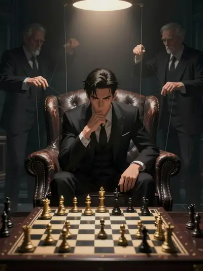 Puppet master control scene over a chessboard portrait