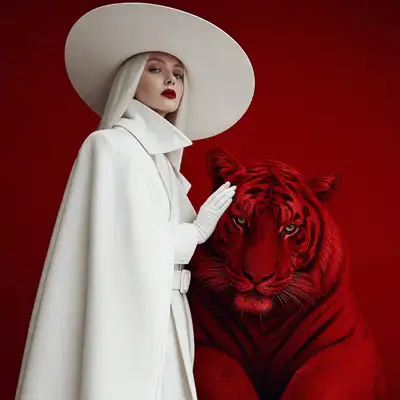 Karminrotes surreales Modeportrait mit Tiger