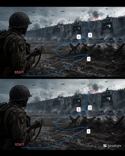 Cinematic WWII battlefield, single 15s continuous tracking shot