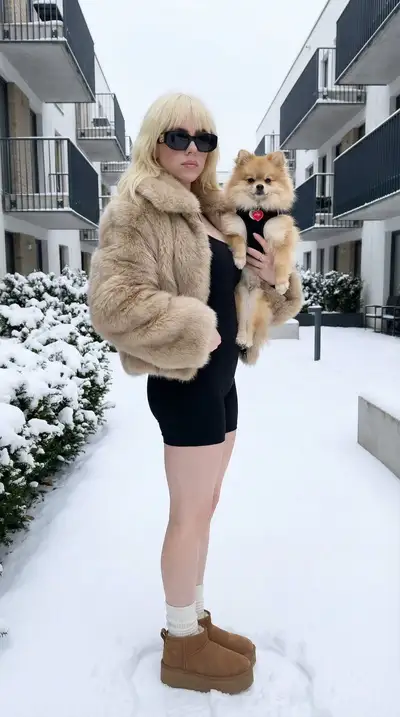Winter fashion lifestyle photo with a Pomeranian dog