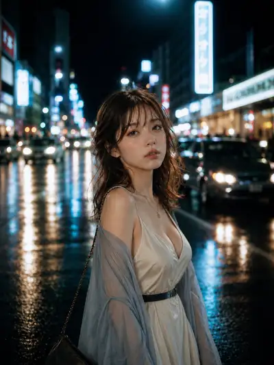 Rainy Night Portrait of Woman in Pale Blue