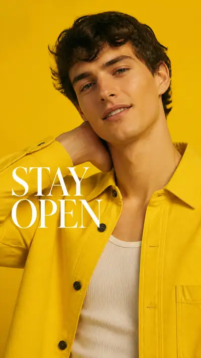 Editorial campaign portrait titled Stay Open