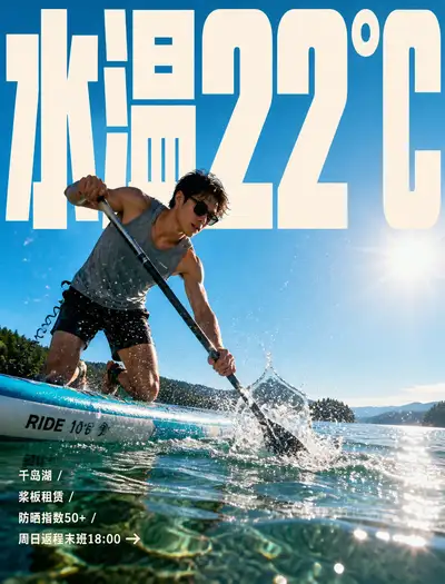 Qiandao Lake paddleboard travel ad poster prompt