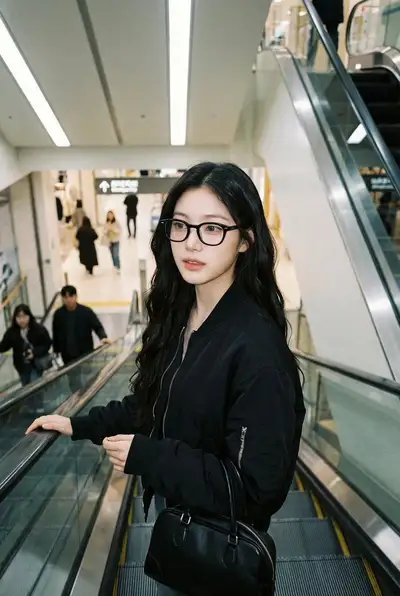 Photorealistic iPhone candid photo of a woman on an escalator