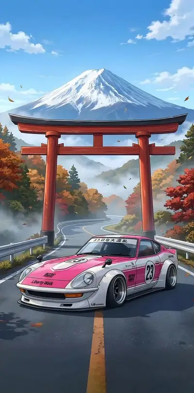 Anime Car on Mountain Road with Mount Fuji
