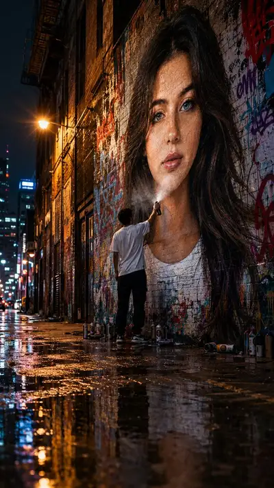 Rain-Drenched Alley Mural Artist Cinematic Scene