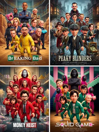 Pixar-style ensemble cast animated movie poster template