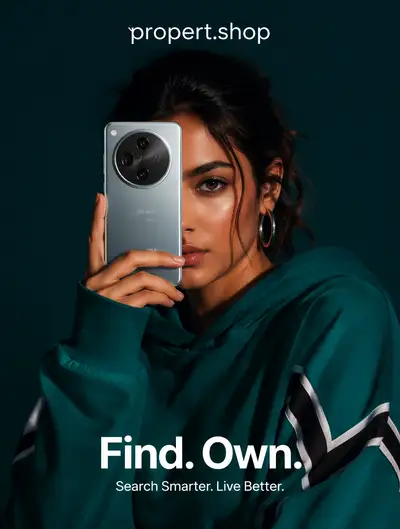 Smartphone half face reveal advertisement for propert.shop