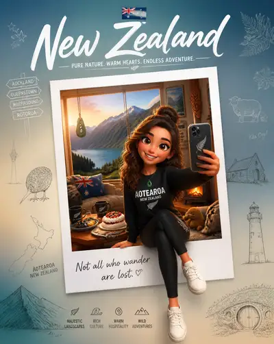Cute 3D Cartoon Travel Poster Character for New Zealand
