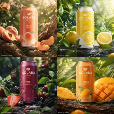 Solara Juice 四種フレーバー缶飲料ポスター
