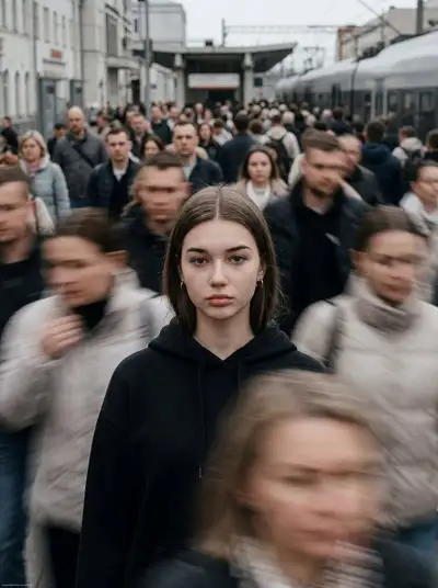 Motion-blur street photo of a still model amid rushing commuters