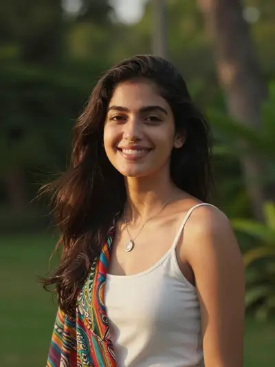 Golden hour portrait of a smiling woman in a garden