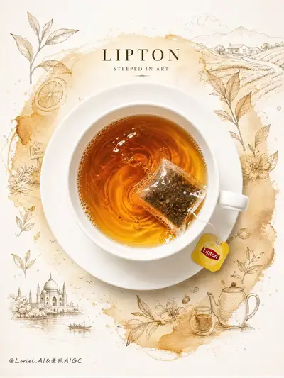 Lipton Tea Bag Top-Down Flat-Lay With Watercolor Halo